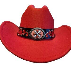 A755 New Embellished Red Felt Embroidered Leather Band and Edges Cowboy/Cowgirl
